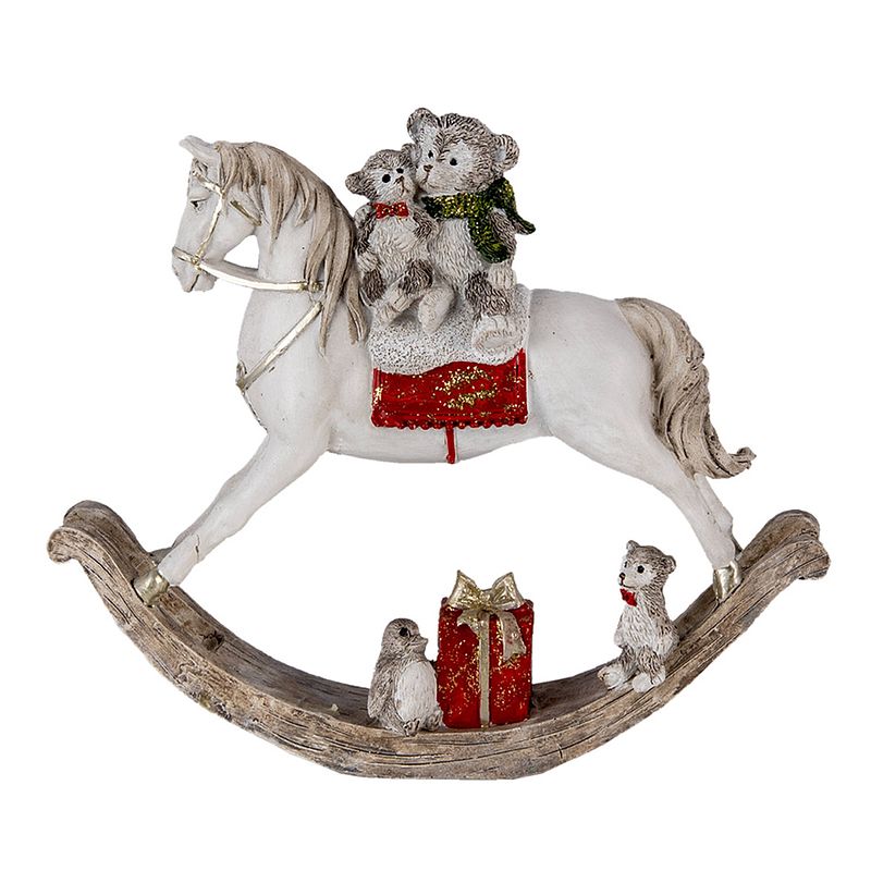 Foto van Clayre & eef kerstdecoratie beeld hobbelpaard 21*5*17 cm beige grijs kunststof decoratief figuur decoratieve