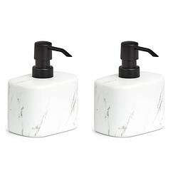Foto van Set van 2x zeeppompje/dispenser keramiek - wit marmer look - 8 x 13 cm - zeeppompjes