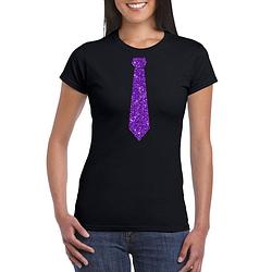 Foto van Toppers zwart fun t-shirt stropdas met paarse glitters dames 2xl - feestshirts