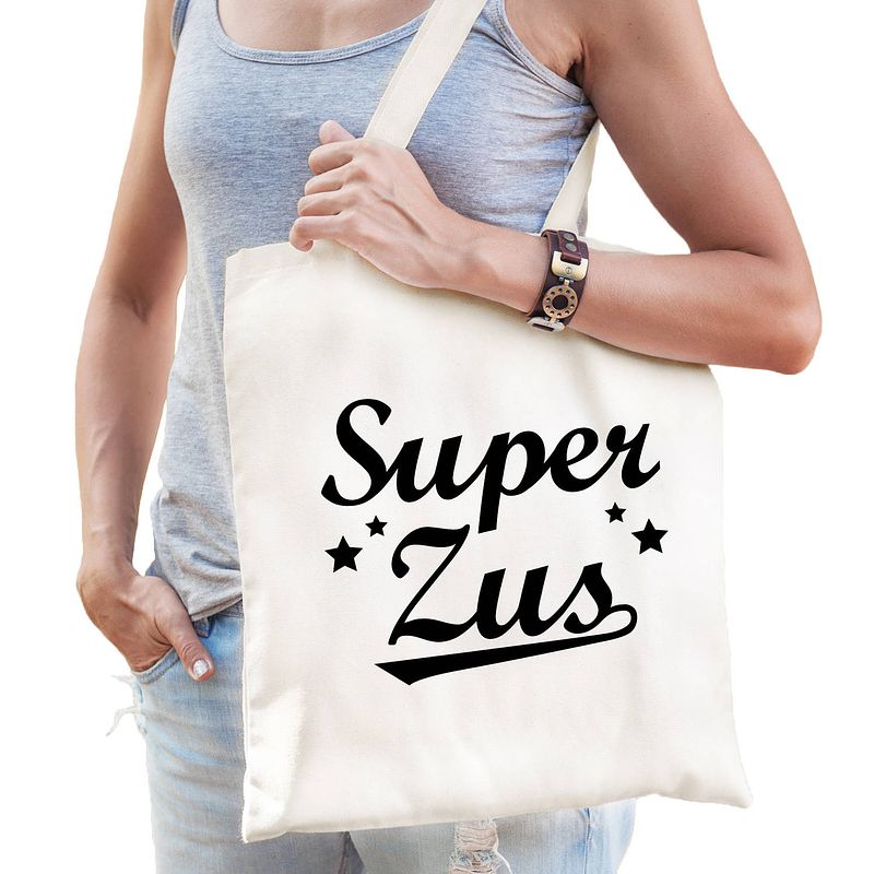 Foto van Super zus katoenen cadeau tasje wit voor dames - feest boodschappentassen