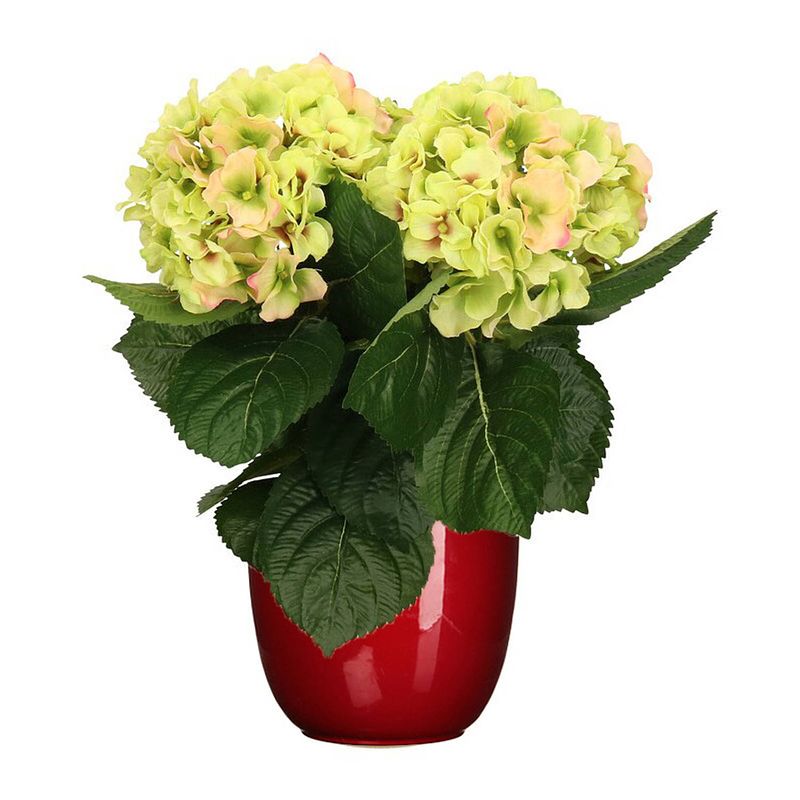 Foto van Hortensia kunstplant/kunstbloemen 36 cm - groen/roze - in pot rood glans - kunstplanten