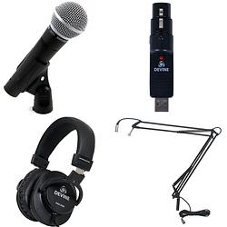 Foto van Shure sm58 lce met usb converter, koptelefoon en broadcast arm