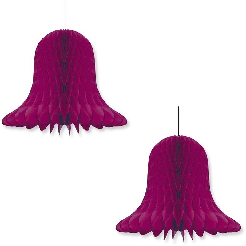 Foto van 2x kerst/feest decoratie klokken aubergine 30 cm - hangdecoratie