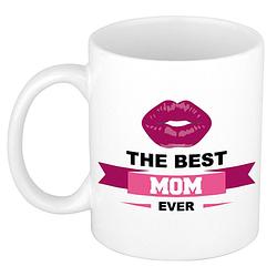 Foto van The best mom ever cadeau mok / beker wit met wimpel en kus - feest mokken