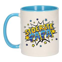 Foto van Stoerste papa cadeau mok / beker wit en blauw 300 ml - feest mokken