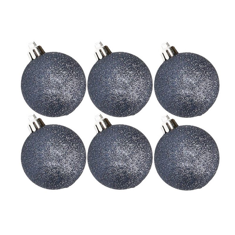 Foto van 6x stuks kunststof glitter kerstballen donkerblauw 6 cm - kerstbal