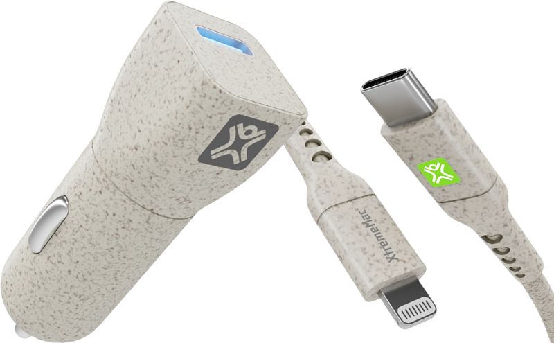 Foto van Xtrememac eco line power delivery autolader 20w + lightning kabel 1m kunststof crème