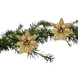 Foto van Kerstboomversiering bloem op clip - 2x- goud - 8 cm - glitters - kersthangers