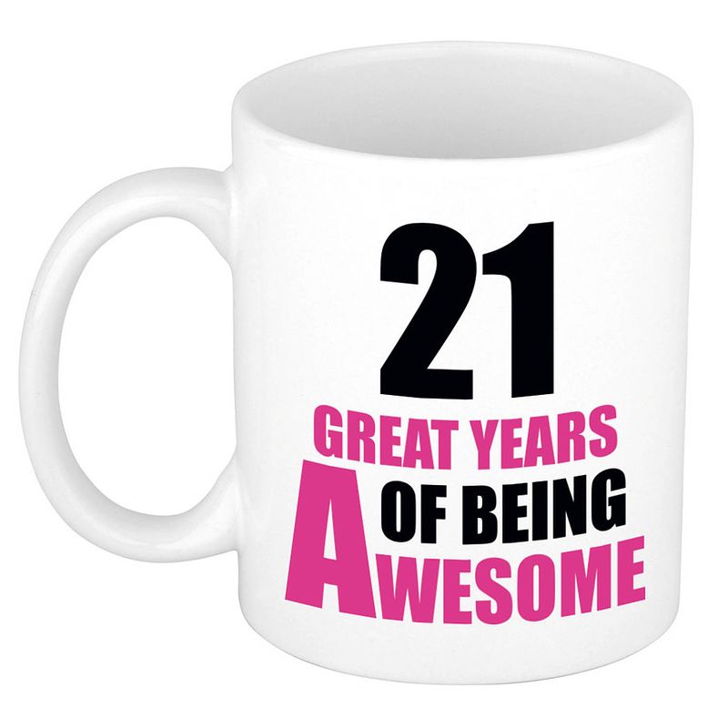 Foto van 21 great years of being awesome cadeau mok / beker wit en roze - feest mokken