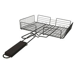 Foto van Bbq/barbecue rooster - grill mand - metaal/hout - 30 x 26 x 6 cm - barbecueroosters