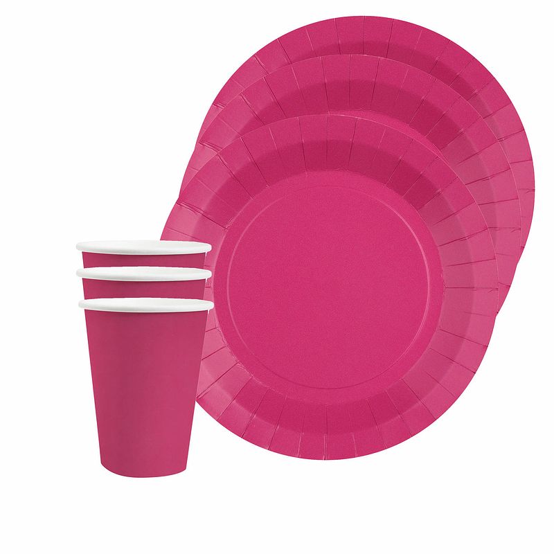 Foto van Feest/verjaardag servies set 20x bordjes en bekertjes - fuchsia roze - karton - feestbordjes