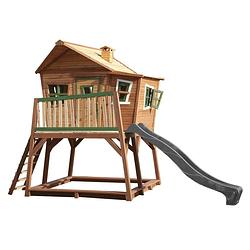 Foto van Axi max speelhuis op palen, zandbak & grijze glijbaan speelhuisje voor de tuin / buiten in bruin & groen van fsc hout