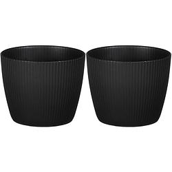 Foto van 2x stuks plantenpot/bloempot kunststof zwart ribbels patroon - d14/h14 cm - plantenpotten