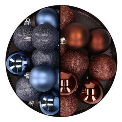 Foto van 24x stuks kunststof kerstballen mix van donkerblauw en donkerbruin 6 cm - kerstbal