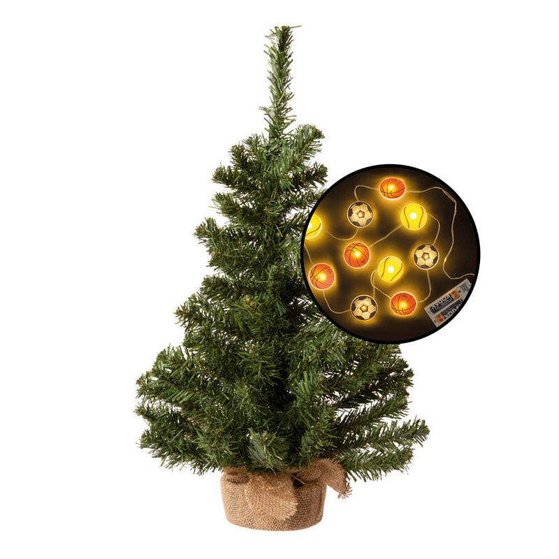 Foto van Mini kerstboom - groen - met sport thema verlichting - h60 cm - kunstkerstboom