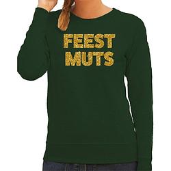 Foto van Bellatio decorations foute kersttrui/sweater dames - feest muts - groen - glitter goud -feestkleding s - kerst truien