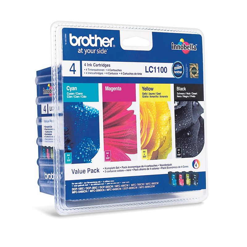 Foto van Brother inktcartridge, 325 pagina'ss, oem lc-1100valbp, 4 kleuren 4 stuks