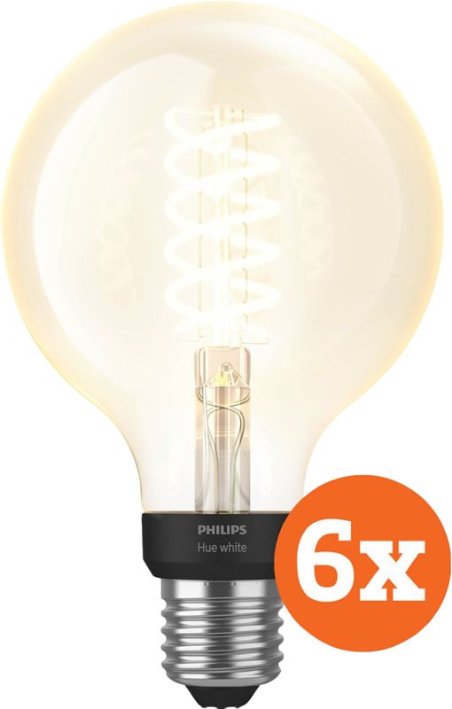 Foto van Philips hue filamentlamp white globe e27 6-pack