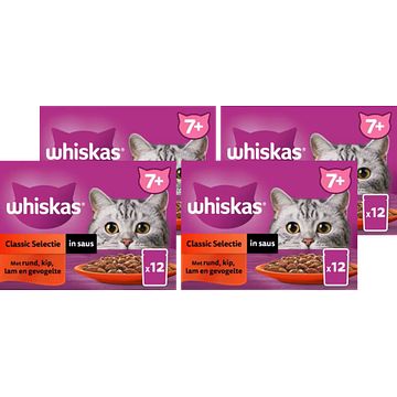 Foto van Whiskas 7+ natvoer classic selectie in saus maaltijdzakjes 4 x 12 x 85g bij jumbo