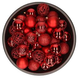 Foto van 37x stuks kunststof kerstballen rood 6 cm mix - kerstbal