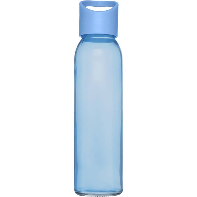 Foto van Glazen waterfles/drinkfles transparant blauw met schroefdop met handvat 500 ml - drinkflessen