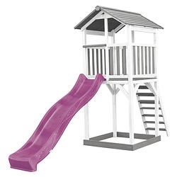 Foto van Axi beach tower speeltoestel van hout in grijs en wit speeltoren met zandbak, en paarse glijbaan