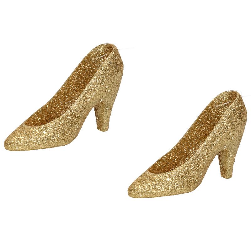 Foto van 2x gouden hakken/pumps kersthangers kerstversiering 10 cm - kersthangers