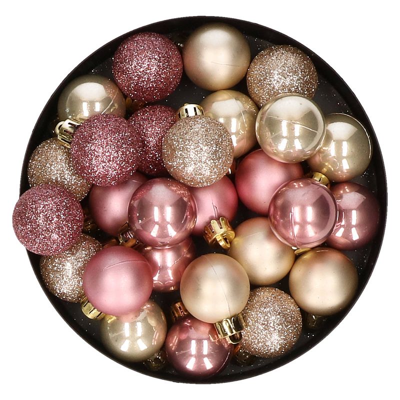 Foto van 28x stuks kunststof kerstballen parel/champagne en oudroze mix 3 cm - kerstbal