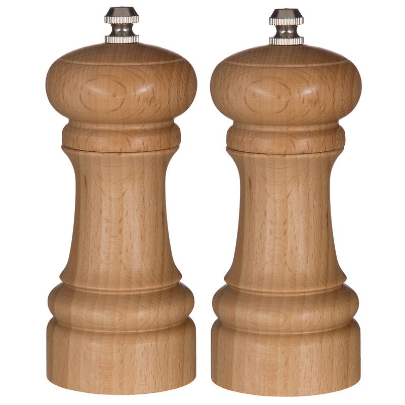 Foto van Set van 2x stuks pepermolens/zoutmolens hout beige 14 cm - peper en zoutstel