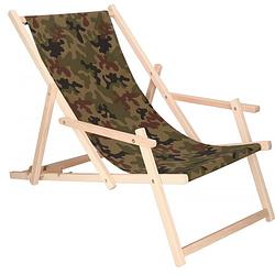 Foto van Ligbed strandstoel ligstoel verstelbaar arm leuning beukenhout handgemaakt legergroen