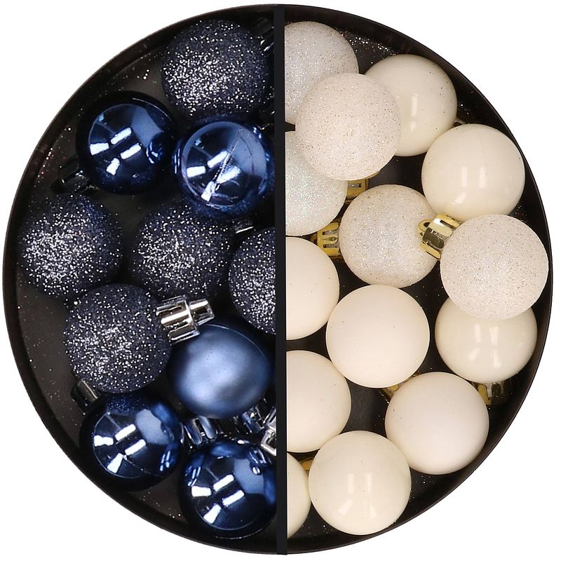 Foto van 34x stuks kunststof kerstballen donkerblauw en wolwit 3 cm - kerstbal