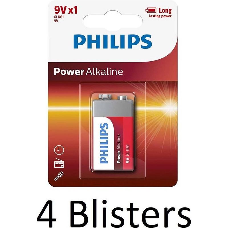 Foto van 4 stuks (4 blisters a 1 st) philips power alkaline batterij 9v