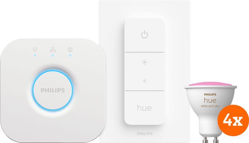 Foto van Philips hue white and color starter pack gu10 met 4 lampen, dimmer + bridge