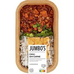 Foto van Jumbo verse maaltijd vegan chili sin carne met rijst en vegan kruim 450g