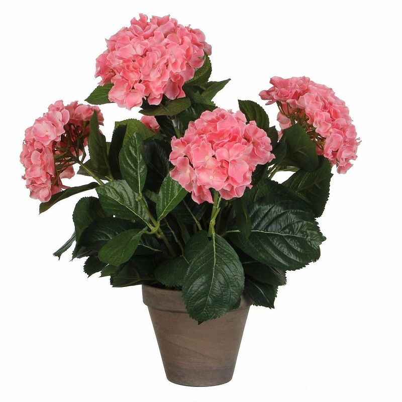 Foto van Roze hydrangea/hortensia kunstplant 45 cm in grijze pot - kunstplanten/nepplanten