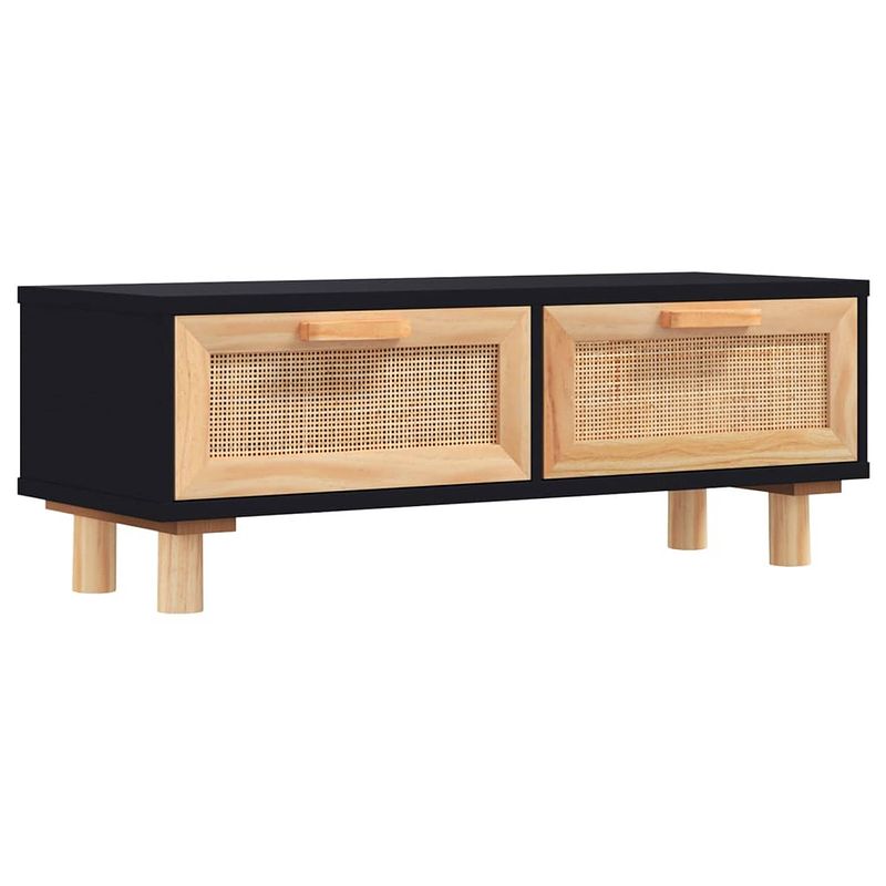 Foto van The living store salontafel naturel rattan - 80 x 40 x 30 cm - zwarte kleur - hoge kwaliteit hout - 2 lades - massief