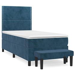 Foto van The living store boxspring bed - donkerblauw - 193 x 90 x 118/128 cm - fluweel - verstelbaar hoofdbord - pocketvering