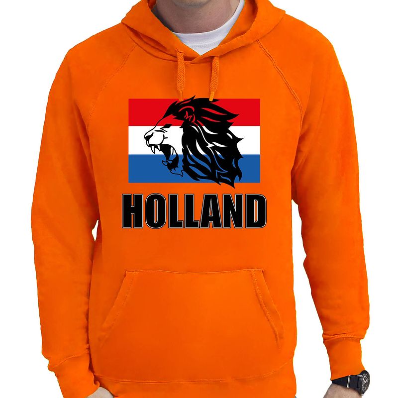 Foto van Oranje fan hoodie / sweater met capuchon holland met leeuw en vlag ek/ wk voor heren l - feesttruien