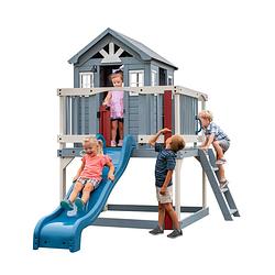 Foto van Backyard discovery beacon heights speelhuis op palen en blauwe glijbaan, speelkeuken, zandbak & veranda speelhuisje
