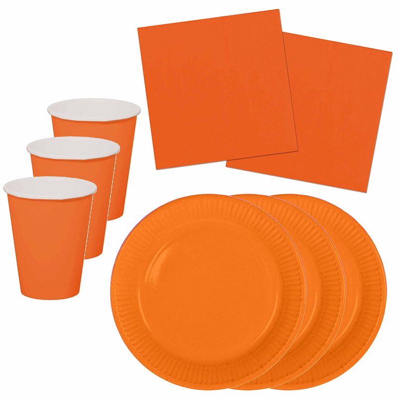 Foto van Tafel dekken feestartikelen kleur oranje 40x bordjes/40x drink bekers/60x servetten - feestpakketten