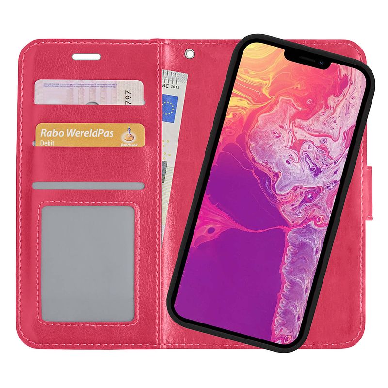 Foto van Basey iphone 13 hoesje bookcase hoes 2-in-1 cover - iphone 13 hoes 2-in-1 hoesje case - donker roze