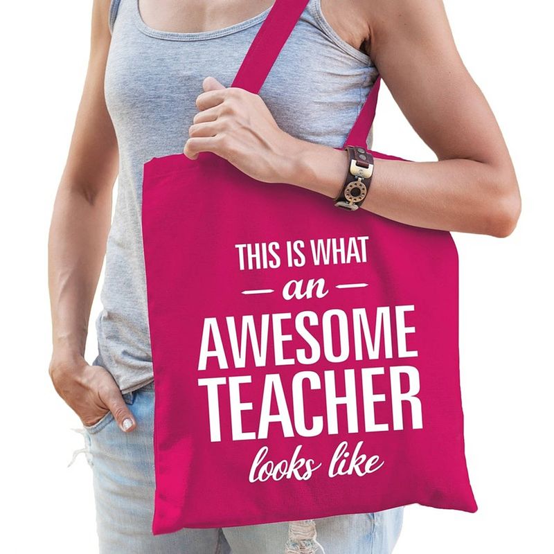 Foto van Awesome teacher bedank cadeau tas roze katoen - feest boodschappentassen