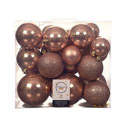 Foto van 26x stuks kunststof kerstballen toffee bruin 6-8-10 cm glans/mat/glitter - kerstbal