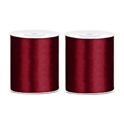 Foto van 2x satijnlint bordeaux rood rol 10 cm x 25 meter cadeaulint verpakkingsmateriaal - cadeaulinten