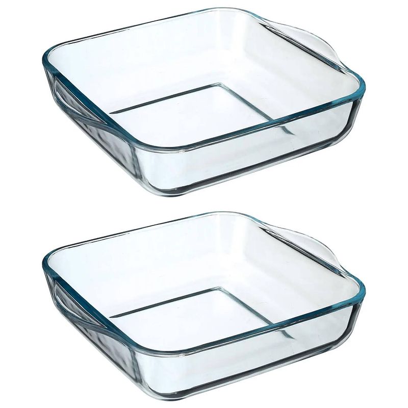 Foto van 2x stuks ovenschaal vierkant - transparant - geglazuurd glas - 22 x 22 x 6 cm - ovenschalen