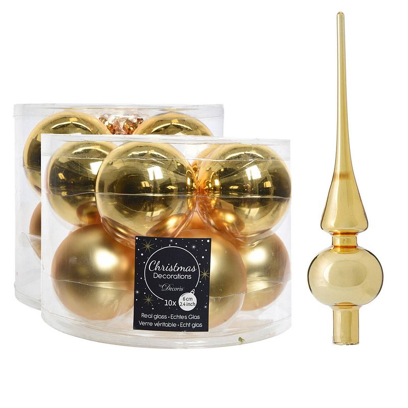 Foto van Glazen kerstballen pakket goud glans/mat 32x stuks inclusief piek glans - kerstbal