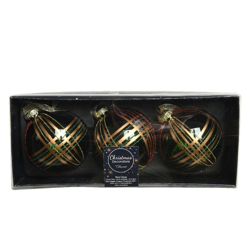 Foto van 3x stuks luxe glazen kerstballen brass gedecoreerd groen 8 cm - kerstbal