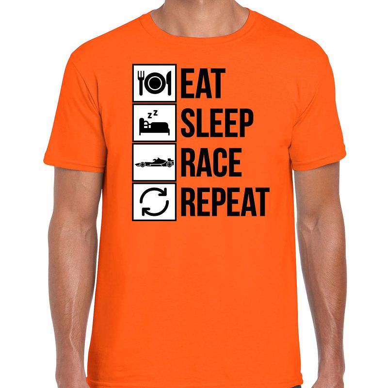 Foto van Eat sleep race repeat supporter / race fan t-shirt oranje voor heren s - feestshirts