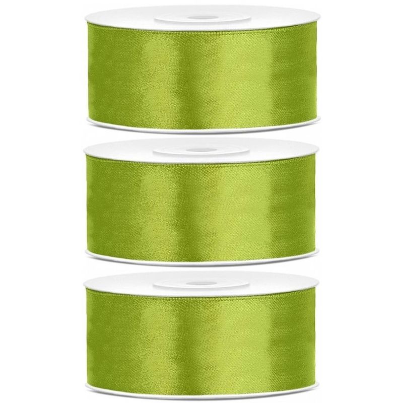 Foto van 3x hobby/decoratie lime groene satijnen sierlinten 2,5 cm/25 mm x 25 meter - cadeaulinten