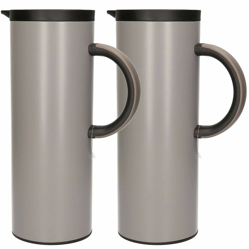 Foto van 2x excellent housware koffie/thee isolerende schenkkan 1000 ml/1l grijs - thermoskannen